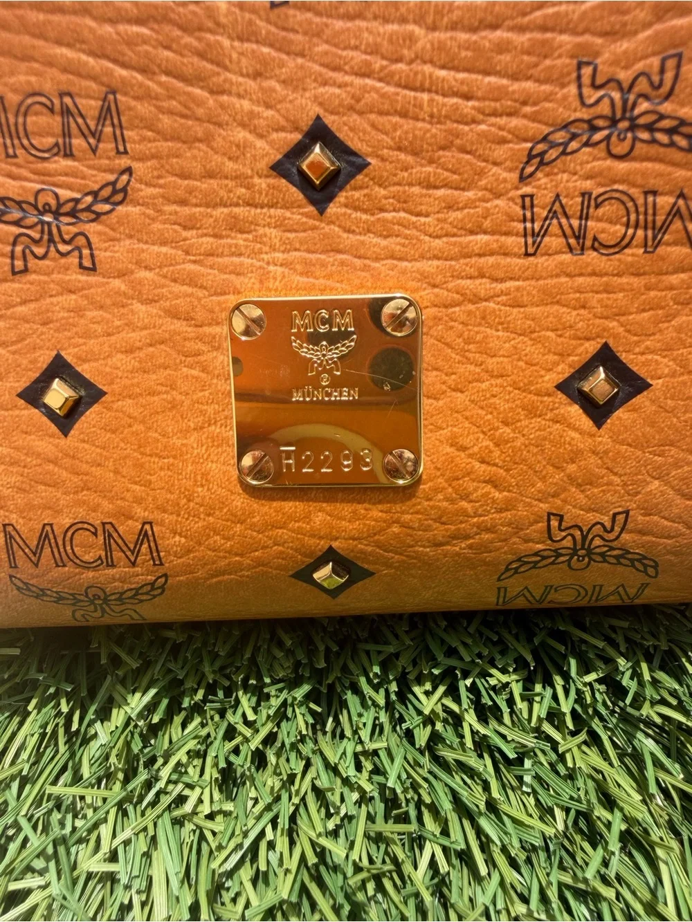 MCM Logo Mini Boston 2Way Shoulder Bag Studs Cognac Brown Auth